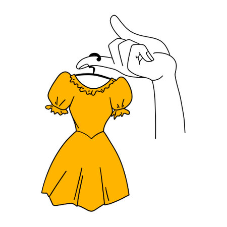 Hand holding dress on hanger. Elegant female clothes in store. New fashion women or child clothing collection. Garment shop. Cartoon hand drawing flat vector illustration isolatedのイラスト素材