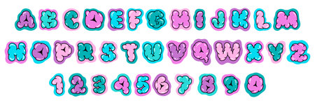Hand Drawing Balloon Bubble Alphabet. Cartoon Abstract Shape Cloud elements in kids drawn style. Trendy Retro Y2K letters, numbers, symbols set. Funky Childish Graffiti Latin Font Vector Illustrationのイラスト素材