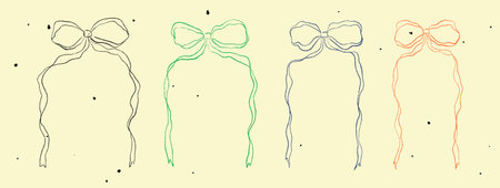 Chalk Textured Ribbon Bow Set. Cute kids pencil hand drawing elements. Coquette aesthetic vintage style bow knot symbol. Cartoon freehand drawn color vector illustration isolated on pastel backgroundのイラスト素材
