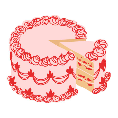 Whimsical cake with slice. Vintage sweet tasty pink, red color cream decoration. Trendy retro coquette food. Hand drawn isolated vector illustration. Party birthday, anniversary, celebration designのイラスト素材