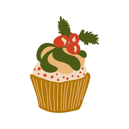 Christmas Cupcake with Holly Berry Branch. Vintage Cartoon Traditional Colorful Hand Drawing Doodle Food Sweet Element. Xmas Cozy Aesthetic Vibes Dessert. Cute New Year Vector Illustration Isolatedのイラスト素材