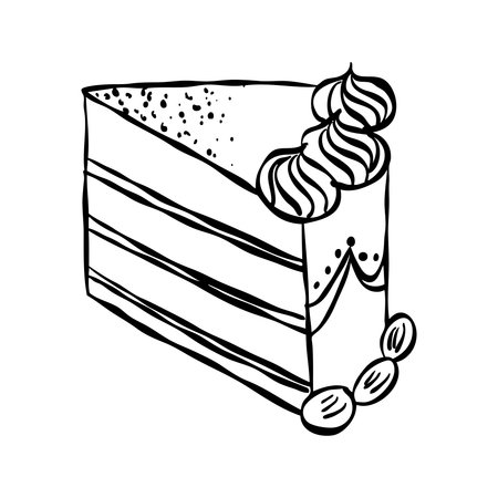 Whimsical cake slice. Vintage style minimalist outline ink elegant element. Trendy coquette line...