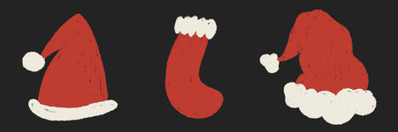 Vector Christmas collection of Santa hats and festive stockings for gifts hand drawn in textured chalk, crayon, pastel, pencil scribble style. Cute childish doodle winter holiday illustration isolatedのイラスト素材