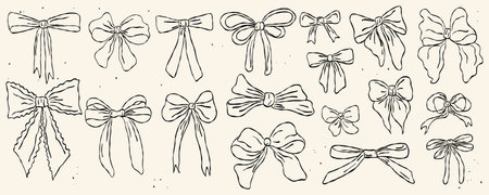 Ribbon bow set. Cute line hand drawing holiday gift elements. Coquette outline whimsical tied bows...
