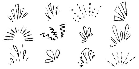 Burst ray confetti set. Chalk textured kids freehand starburst explosion Crayon hand drawn scribble shine spark. Pencil decorative emphasis exclamation collection. Sketch vector illustration isolatedのイラスト素材