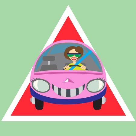Cheerful woman driving car warning signのイラスト素材