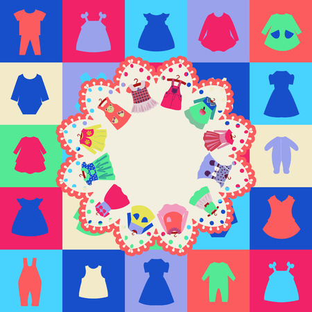 Vector icons Set and background of Fashion girl dresses. Clothes for children- illustrationのイラスト素材