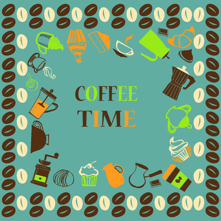 Vector hand-drawn frame Silhouettes Coffee ,coffee Pots, Cups and cupcake with space for your textのイラスト素材