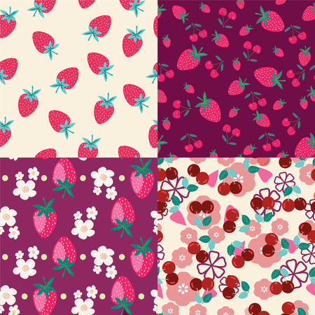 set of Background with strawberries and cherries  Seamless patternのイラスト素材
