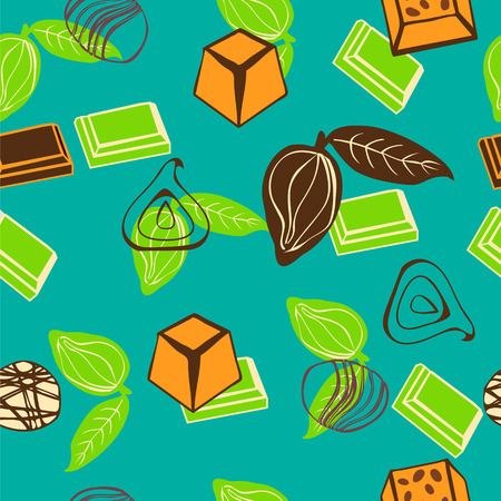 Vector background of assortment of chocolates and cacao hand-drawn doodle seamless patternのイラスト素材