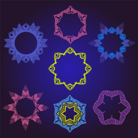 Vector  Colorful Floral Frames, pattern round ornamental  Illustration on dark blue background for designのイラスト素材