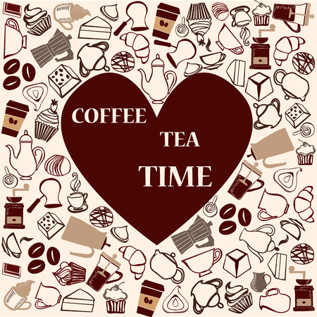 hand-drawn doodle Silhouettes Coffee, Tea Pots , Cups and cupcakeのイラスト素材
