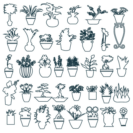botanical set outline of Black white Herbs pots - Illustrationのイラスト素材