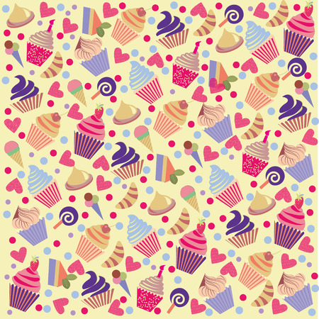 Decorative Vector Colorful Cute  pattern  background with cupcakes, ice Cream  - Illustration.のイラスト素材