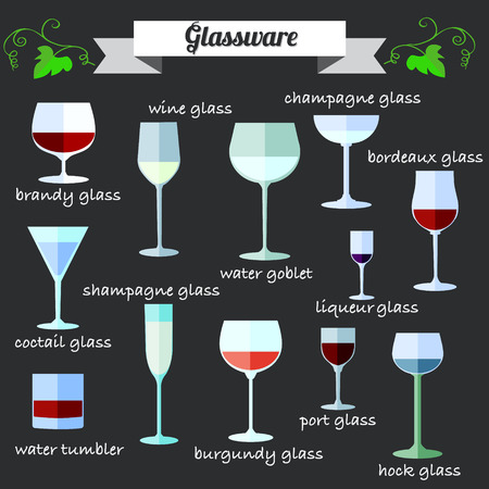 Wine Glassware flat design icon set with description.のイラスト素材