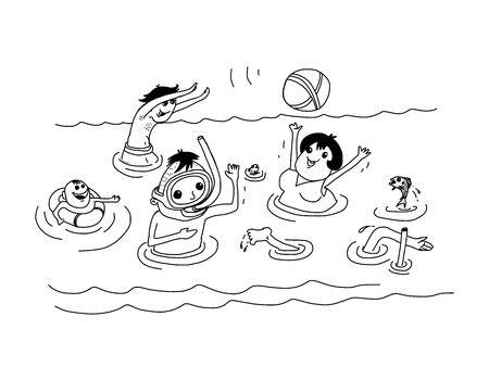 Summer vacation holiday family in sea vector doodle style hand drawingのイラスト素材