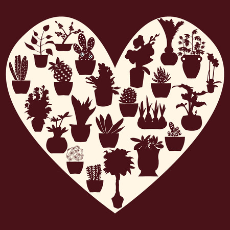 Potted plant silhouette collection on heart shape iconsのイラスト素材