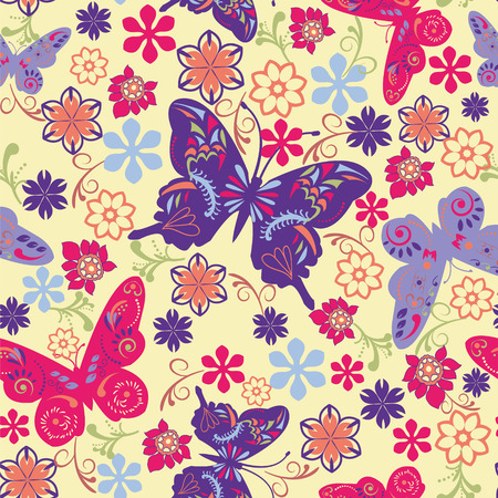 vector art decoration seamless  wallpaper pattern of butterflies and flowers- illustrationのイラスト素材