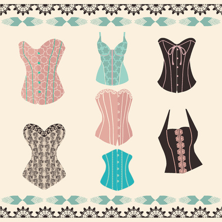 Vector of set elegant retro style corsets. Collection of fashion lingerie-illustrationのイラスト素材