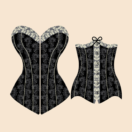 Vintage background with elegant fashion female lingerie, vintage  Design template for label, banner. Corset vector illustration.のイラスト素材