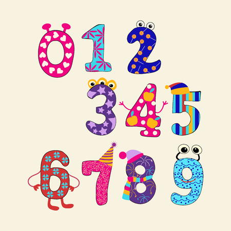 Colorful vector set vector cute numbers from 0 to 9. Funny Cartoon Numbers - Illustrationのイラスト素材