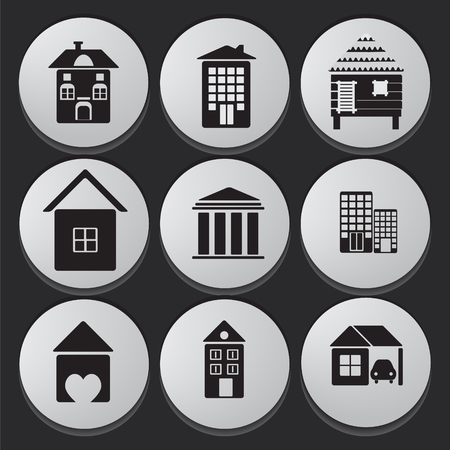 House and Building black white icon set collection of various buildingsのイラスト素材