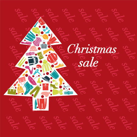 Christmas sale design with shopping pine tree shape vector with fashion iconsのイラスト素材