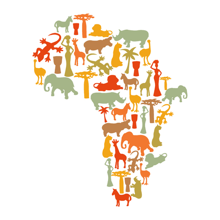 Map of Africa with african symbols silhouette vector icons- illustrationのイラスト素材