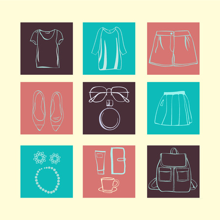 Woman clothing set. hand-drown objects for summer.Fashion accessories collection.のイラスト素材