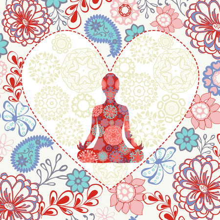 Ornament beautiful background with  lotus position yoga in heart shape. Geometric element. Concept of peace and love.のイラスト素材
