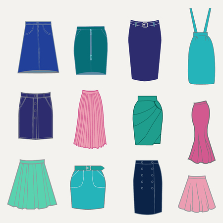 Set with different skirts. illustration of women's skirts. Set of trendy women's clothes.のイラスト素材