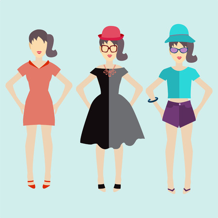 Woman modern clothing flat set. Stylish and trendy clothing. Casual look Flat design concept of fashion look.のイラスト素材