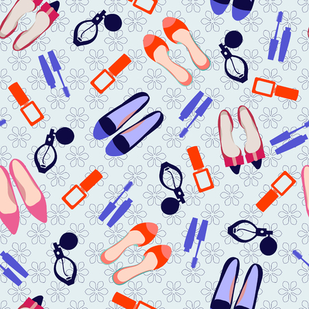 Vector Seamless fashion accessories pattern illustration with make up and shoesのイラスト素材