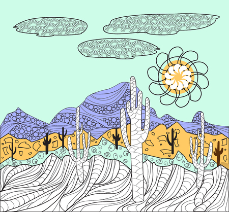 Vector Desert wild nature landscapes with cactus and  mountain background for coloring page. Cactus plants in desert  Mexican desert -illustration hand drawn in black and white for coloring book for adultのイラスト素材