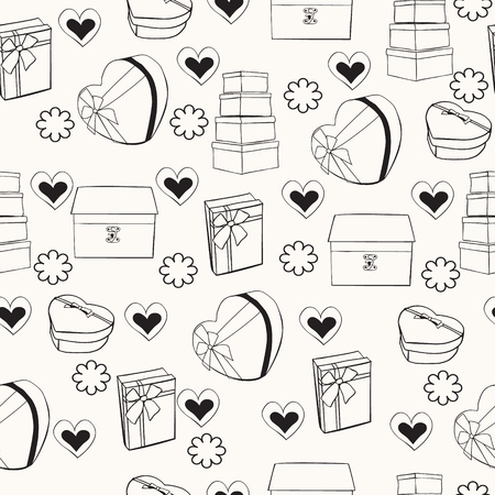 Present seamless pattern. Vector Seamless texture with hand drawn gift boxes for wallpaper, pattern fills, textile, background. Sketch illustration on white background.のイラスト素材
