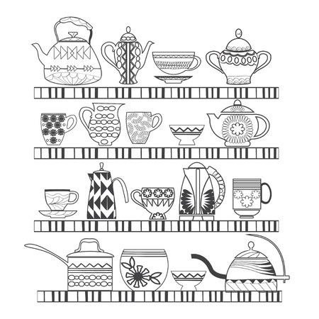 Doodles Abstract illustration set of tea collection with a tea pot, tea cup, jars, jugs on the shelves In  black and white. Can use in coloring book for adult and children.のイラスト素材