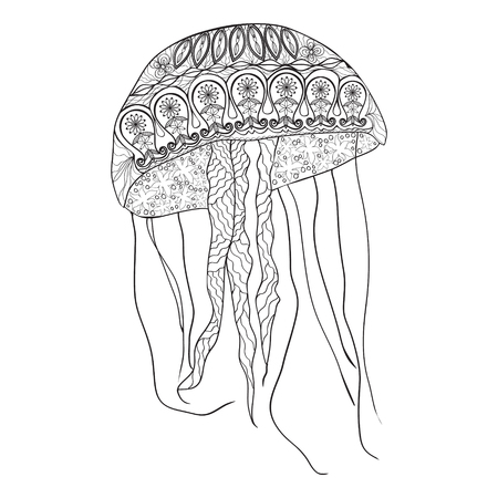 Hand-drawn jellyfish with zentangle- doodle pattern. Coloring page - zen art, design for spiritual relaxation for adults, vector illustration, isolated on a white background.のイラスト素材