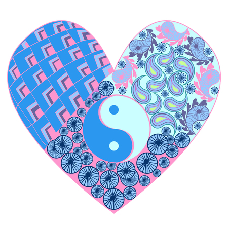 Hand drawn heart with Yin yang  symbol, asian element on white Background. Vector illustration for design anti-stress coloring book for adults.のイラスト素材
