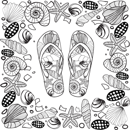 Hand drawn Seashell border frame with Flip flop Vector  illustration beach concept. Coloring book page for adult. Pattern for restaurant menu card, ticket, branding,label , shirt designのイラスト素材