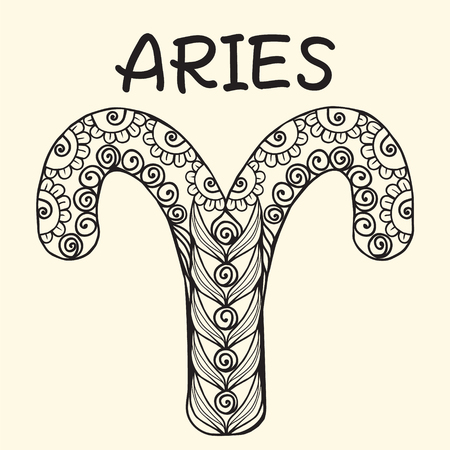 Stylized cartoon aries sign zodiac. Hand drawn sketch for adult anti stress coloring page, T-shirt emblem, tattoo with doodle design elements.のイラスト素材