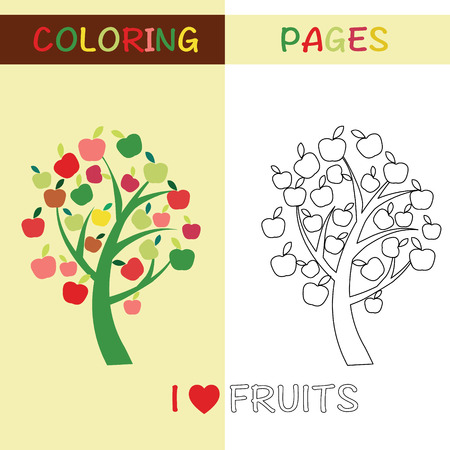 Coloring Pages Outline Apple tree for kids with colorful Apple tree and sketches to colorのイラスト素材