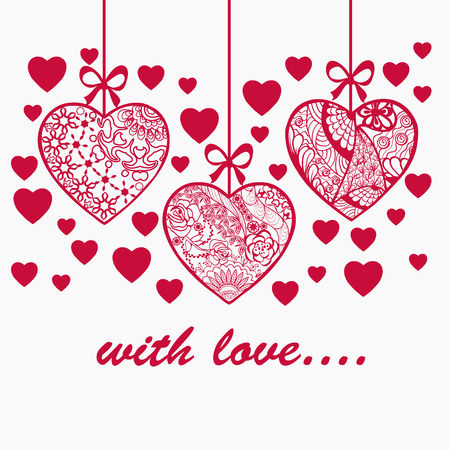 Romantic valentine day hand drawn background with ornamental Doodle textured  hearts.  Can be use as t-shirt, poster, banner, cards and etc.のイラスト素材