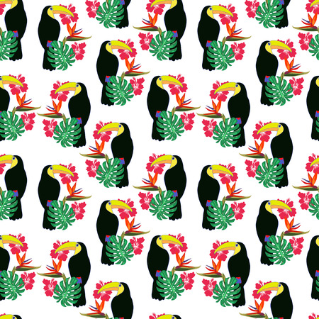 Tropical plants with toucan bird of paradise and hibiscus flowers seamless decorative backgroundのイラスト素材