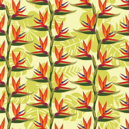 Pattern with Bird of paradise flower - tropical plant.The bird of paradise flower (Strelitzia ) is exotic flowers seamless background.のイラスト素材