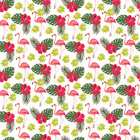 Tropical seamless pattern with flamingo and palm leaves, exotic birds and flowers.のイラスト素材