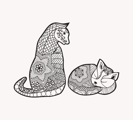 Hand drawn decorated cartoon cat and kitty in boho style Image for adult or children coloring book, page, tattoo. Illustration. Colouring book page.のイラスト素材