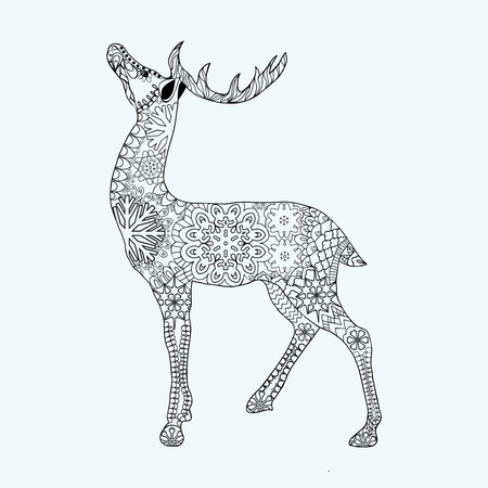 Hand drawn Christmas deer  for adult anti stress Coloring Page, T-shirt, tattoo  and floral design elements isolated on white background.のイラスト素材