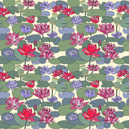 seamless pattern with Beautiful  hand drawn lotus flowers and leaves. Sketch floral  background, Design for card, print, template, wallpaper, texture..のイラスト素材