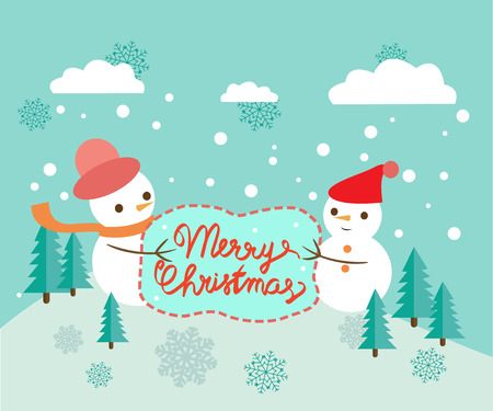 Merry Christmas greeting card. Vector illustration Winter background with two cute snowmen with  Frame.のイラスト素材