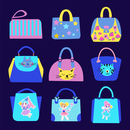 Vector set icons of girls and Women bags and  handbags.Fashion Cute with cartoon pattern Bag Collection.のイラスト素材